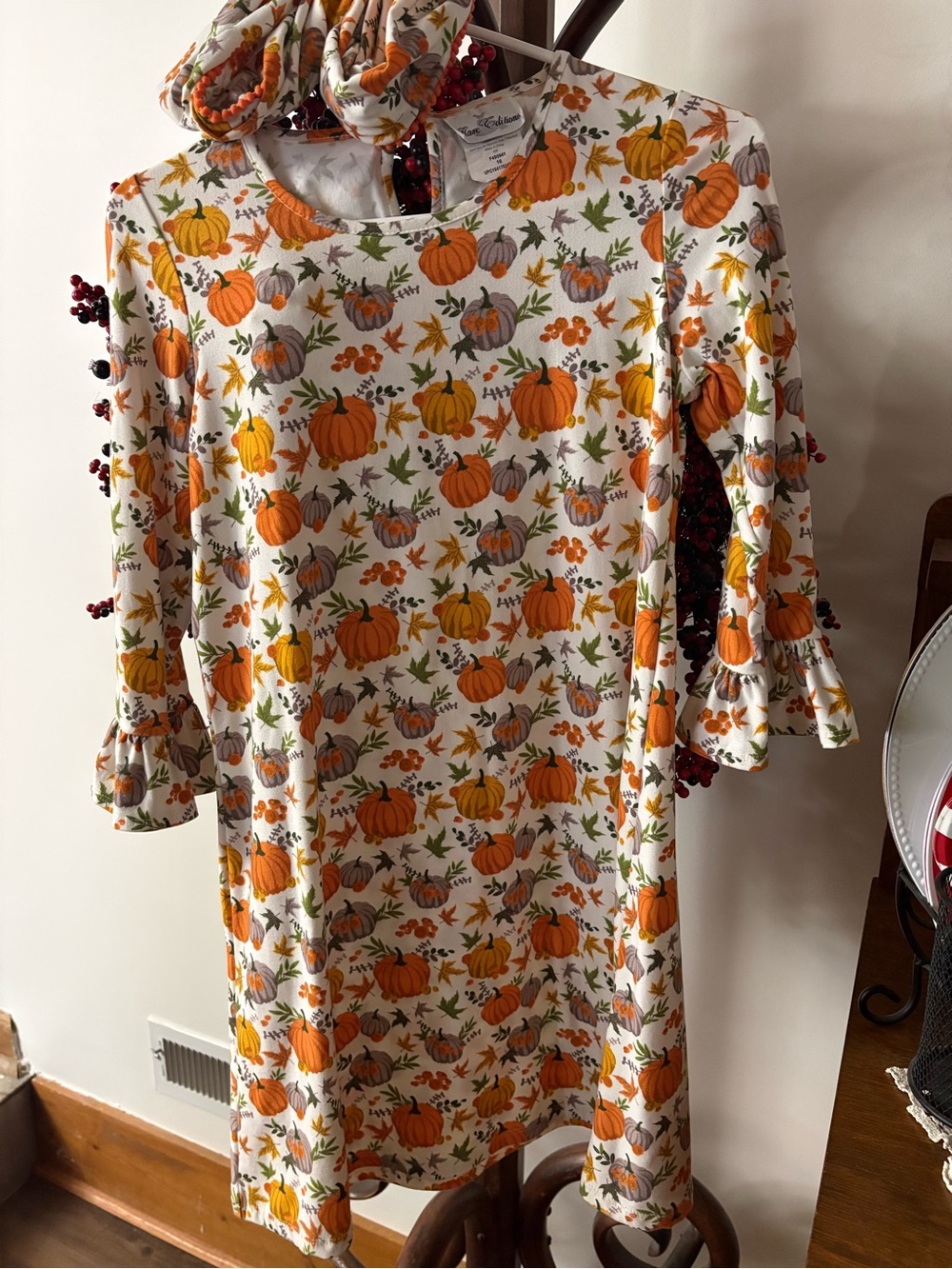 Rare Editions Cream Pumpkin Print Dress with Orange and Gray Accents